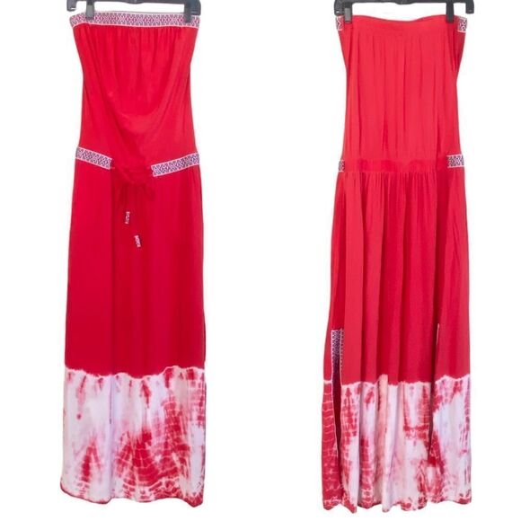 Gypsy 05 Red Tie Dye Cairo 100% Silk Embroidered Strapless Maxi Dress Sz XS - Picture 2 of 15